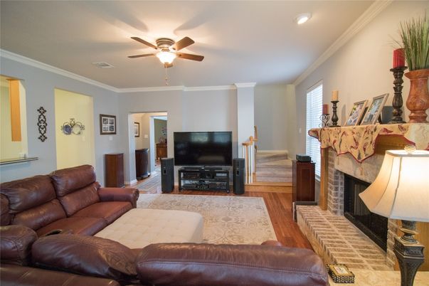 Fireplace, Interior, Living room, Recessed Lighting, Wood Texture Flooring