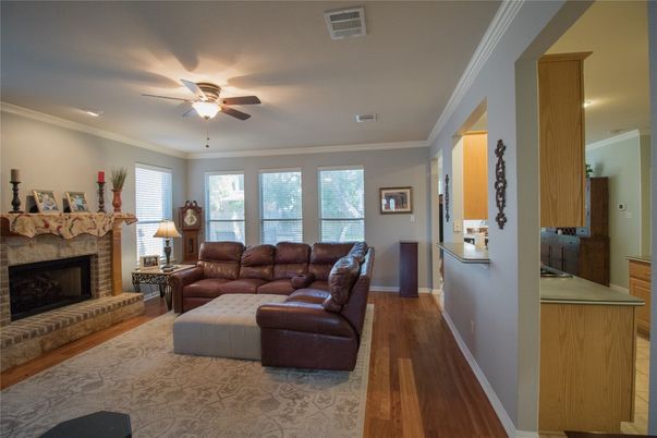 Fireplace, Interior, Living room, Recessed Lighting, Wood Texture Flooring