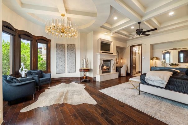 Chandelier, Fireplace, Interior, Living room, Recessed Lighting, Wood Texture Flooring