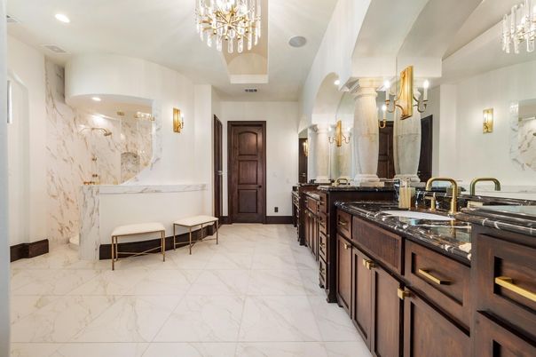 Bathroom, Chandelier, Dual Sink Vanities, Interior, Marble, Marble Walls, Recessed Lighting