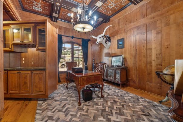Chandelier, Home Office, Interior, Wood Texture Flooring, Wooden Walls