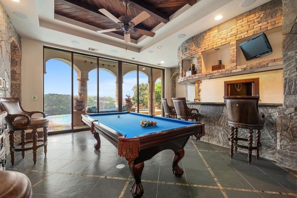 Billiard Table, Game Room, Interior, Recessed Lighting, Stone Walls