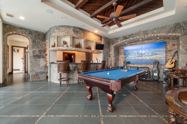 Billiard Table, Game Room, Interior, Recessed Lighting, Stone Walls, Wooden Beams