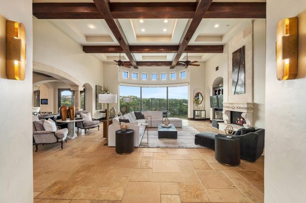 Fireplace, Interior, Living room, Recessed Lighting, Wooden Beams