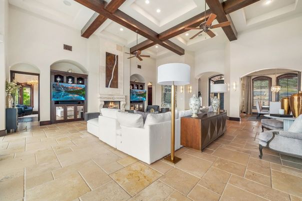 Fireplace, Interior, Living room, Recessed Lighting, Wooden Beams