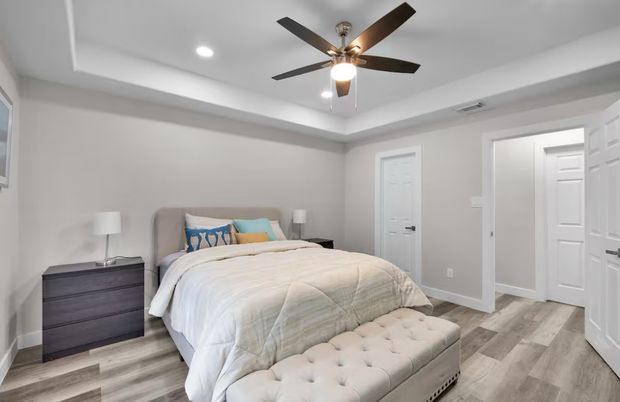 Bedroom, Interior, Recessed Lighting, Wood Texture Flooring