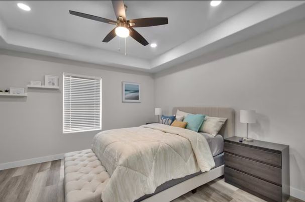 Bedroom, Interior, Recessed Lighting, Wood Texture Flooring