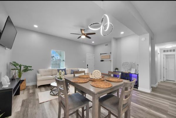 Dining room, Interior, Pendant Lights, Recessed Lighting, Wood Texture Flooring