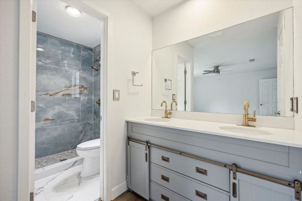 Bathroom, Dual Sink Vanities, Interior, Marble, Recessed Lighting
