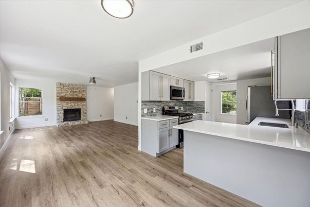 Empty room, Fireplace, Interior, Kitchen, Wood Texture Flooring