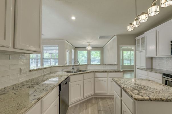 Chandelier, Interior, Kitchen, Pendant Lights, Recessed Lighting, Wood Texture Flooring
