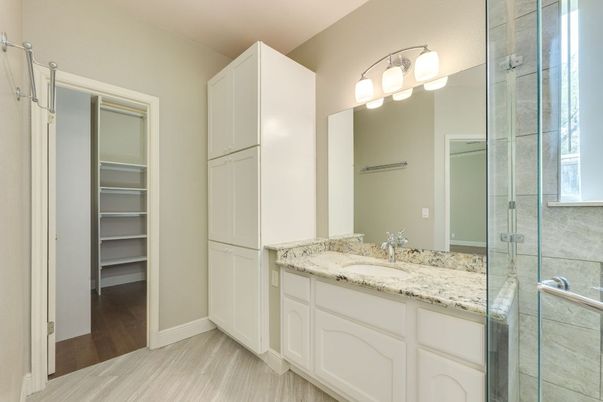 Bathroom, Glass Shower, Interior, Walk-in Closets, Wood Texture Flooring