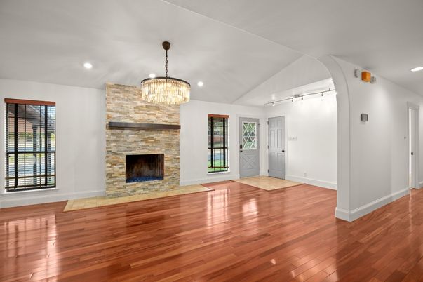 Empty room, Fireplace, Interior, Pendant Lights, Recessed Lighting, Wood Texture Flooring