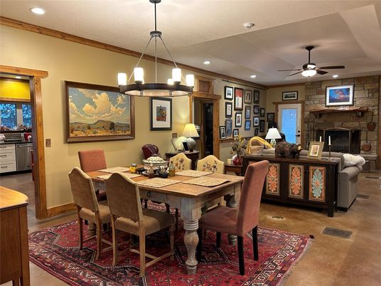Dining room, Fireplace, Interior, Living room, Pendant Lights, Recessed Lighting, Stone Walls