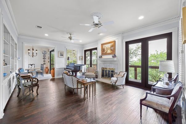 Dining room, Fireplace, Interior, Living room, Piano, Recessed Lighting, Wood Texture Flooring