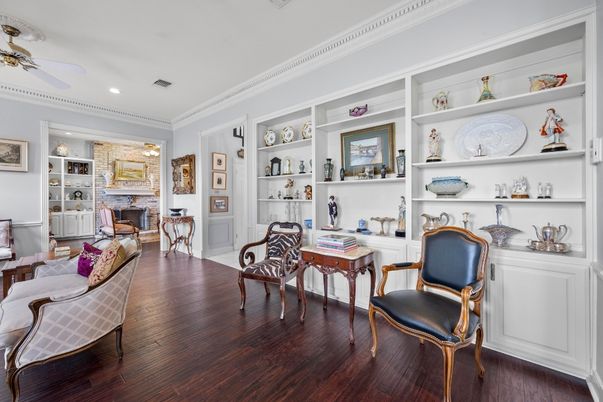 Fireplace, Home Office, Interior, Living room, Recessed Lighting, Wood Texture Flooring