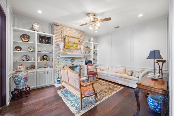 Fireplace, Home Office, Interior, Living room, Recessed Lighting, Stone Walls, Wood Texture Flooring