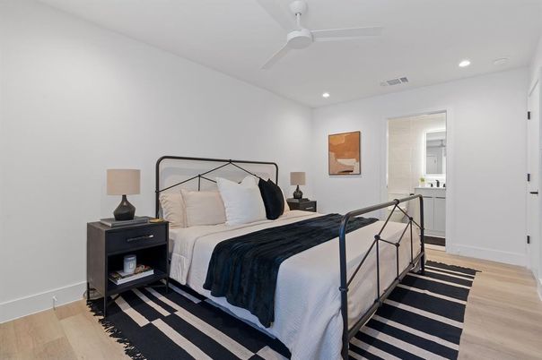 Bedroom, Interior, Recessed Lighting, Wood Texture Flooring