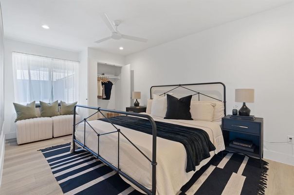 Bedroom, Interior, Recessed Lighting, Wood Texture Flooring