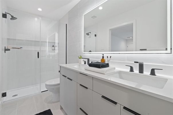 Bathroom, Dual Sink Vanities, Glass Shower, Interior, Recessed Lighting