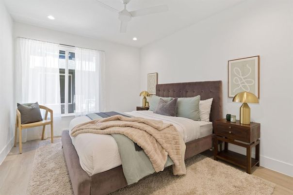 Bedroom, Interior, Recessed Lighting, Wood Texture Flooring