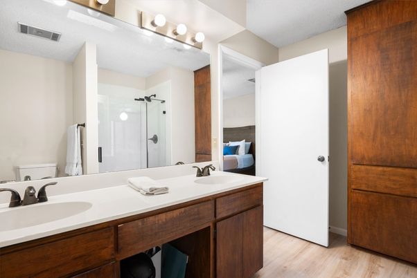 Bathroom, Dual Sink Vanities, Interior, Wood Texture Flooring