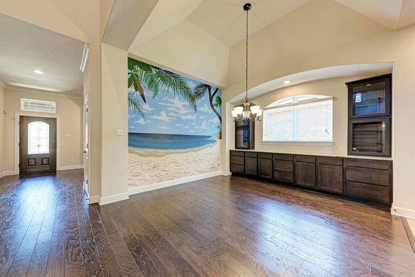Chandelier, Empty room, Interior, Pendant Lights, Recessed Lighting, Wood Texture Flooring