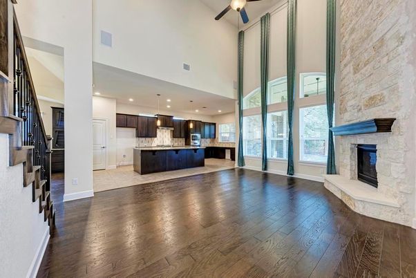 Fireplace, Interior, Kitchen, Pendant Lights, Recessed Lighting, Stone Walls, Wood Texture Flooring