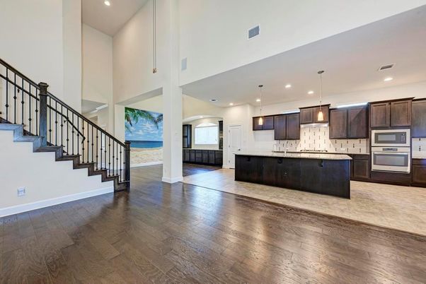 Interior, Kitchen, Pendant Lights, Recessed Lighting, Stainless Steel Appliances, Water, Wood Texture Flooring