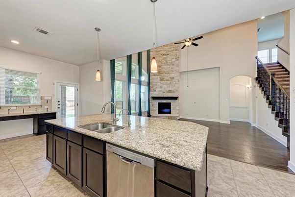 Fireplace, Interior, Kitchen, Pendant Lights, Recessed Lighting, Wood Texture Flooring