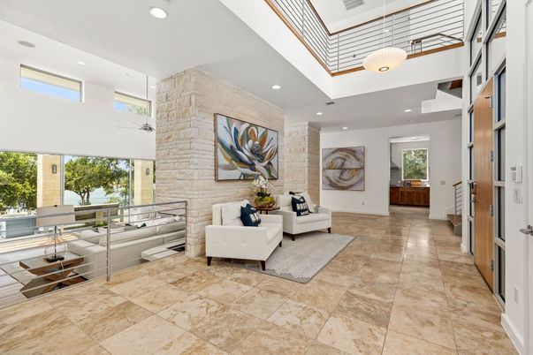 Interior, Living room, Recessed Lighting, Stone Walls