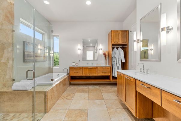 Bathroom, Dual Sink Vanities, Glass Shower, Interior, Recessed Lighting