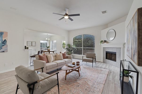 Dining room, Fireplace, Interior, Living room, Pendant Lights, Wood Texture Flooring