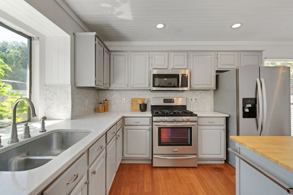 Interior, Kitchen, Recessed Lighting, Stainless Steel Appliances, Wood Texture Flooring