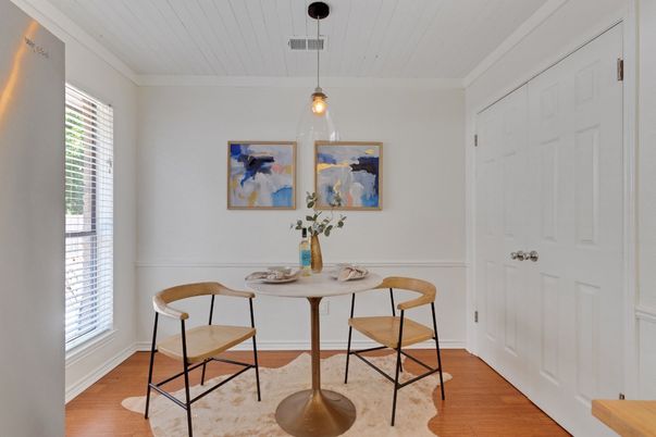 Dining room, Interior, Pendant Lights, Wood Texture Flooring