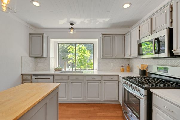 Interior, Kitchen, Recessed Lighting, Stainless Steel Appliances, Wood Texture Flooring