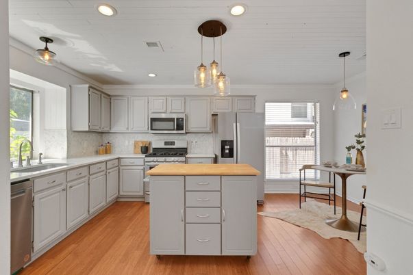 Interior, Kitchen, Pendant Lights, Recessed Lighting, Stainless Steel Appliances, Wood Texture Flooring