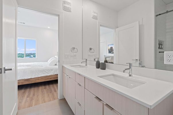 Bathroom, Bedroom, Dual Sink Vanities, Interior, Recessed Lighting, Wood Texture Flooring