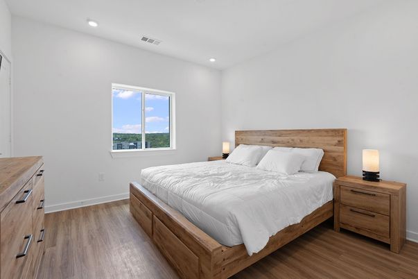 Bedroom, Interior, Recessed Lighting, Wood Texture Flooring