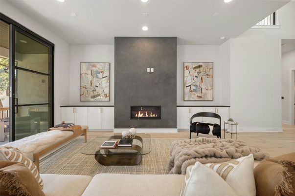 Fireplace, Interior, Living room, Piano, Recessed Lighting, Wood Texture Flooring