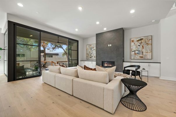 Fireplace, Interior, Living room, Recessed Lighting, Wood Texture Flooring