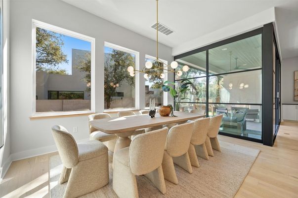 Dining room, Interior, Pendant Lights, Wood Texture Flooring