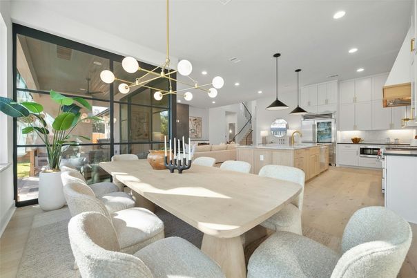 Dining room, Interior, Kitchen, Pendant Lights, Recessed Lighting, Stainless Steel Appliances, Wood Texture Flooring