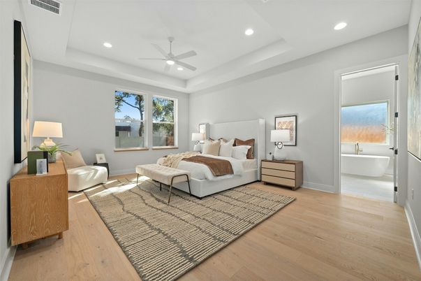 Bedroom, Interior, Recessed Lighting, Wood Texture Flooring
