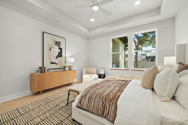 Bedroom, Interior, Recessed Lighting, Wood Texture Flooring