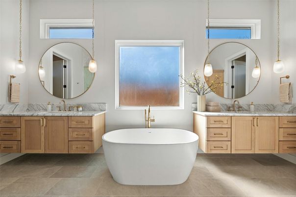 Bathroom, Dual Sink Vanities, Free Standing Baths, Interior, Pendant Lights