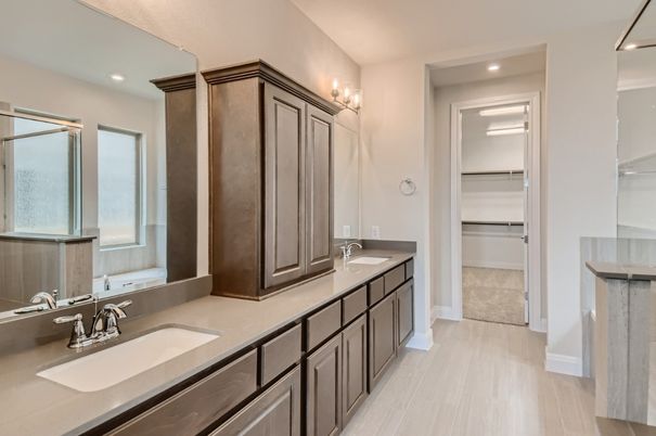 Bathroom, Dual Sink Vanities, Interior, Recessed Lighting, Walk-in Closets, Wood Texture Flooring