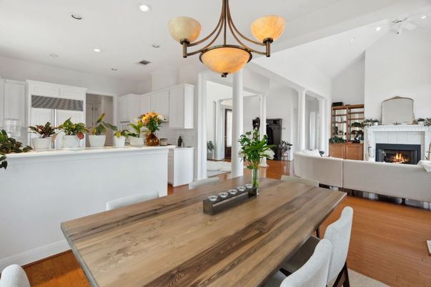 Dining room, Fireplace, Interior, Kitchen, Living room, Pendant Lights, Recessed Lighting, Wood Texture Flooring