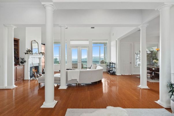 Dining room, Fireplace, Interior, Living room, Water, Wood Texture Flooring