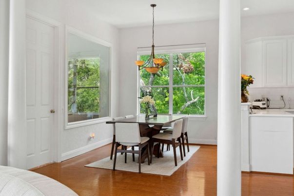 Dining room, Interior, Pendant Lights, Recessed Lighting, Wood Texture Flooring